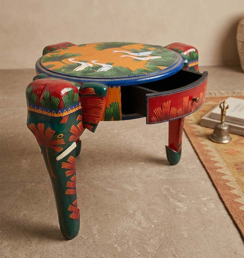 VANRAJ Handcrafted Elephant Side & End Table with Storage Drawer