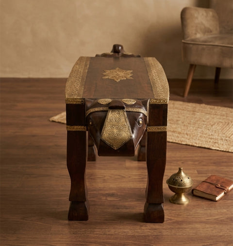 Brass Fitted Wooden Elephant Bench