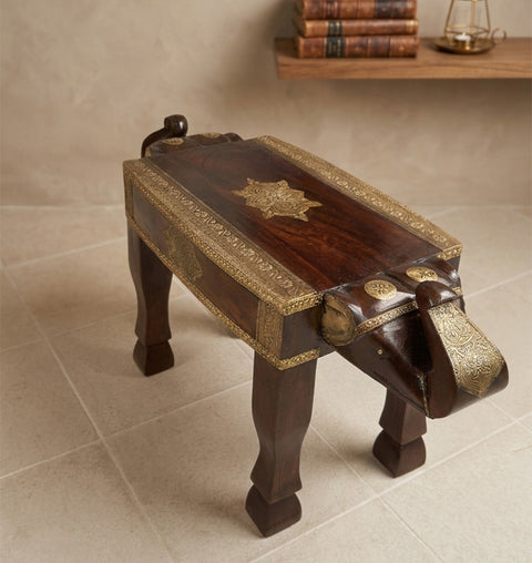 Brass Fitted Wooden Elephant Bench