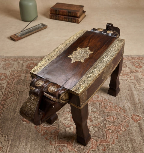 Brass Fitted Wooden Elephant Bench