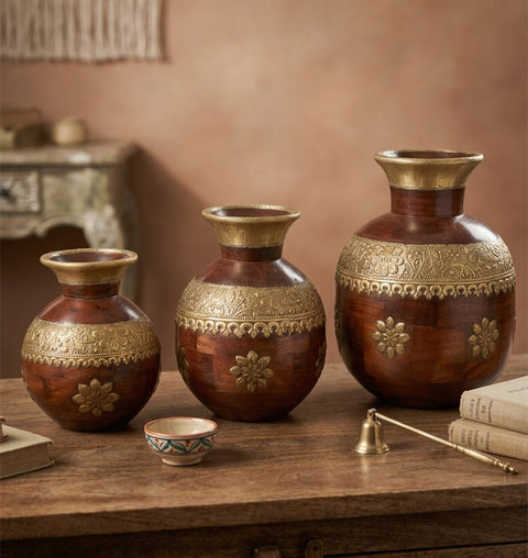 Rajvansh Handcrafted Wooden Brass Pot