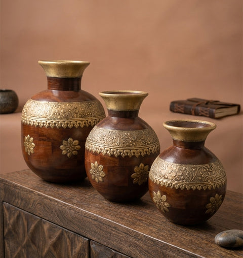 Rajvansh Handcrafted Wooden Brass Pot