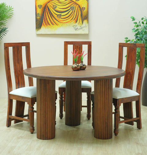 Round Mango Wood Dining Table with Cushioned Chairs