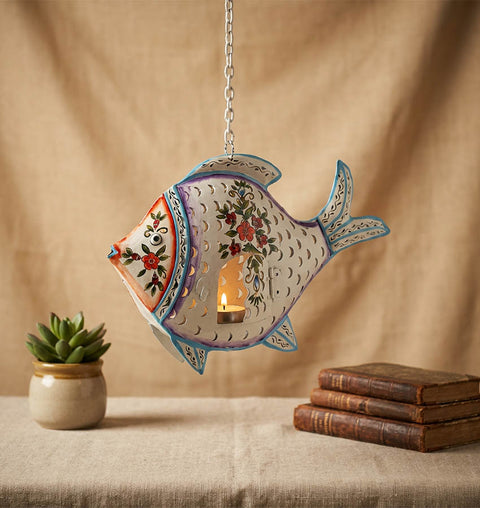 Handpainted Iron Fish Candle Stand with Floral Artwork