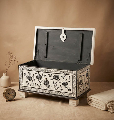 Handcrafted Painted Wooden Storage Trunk with Folk Art