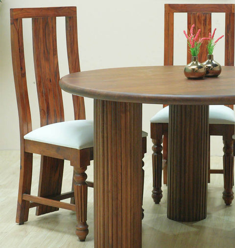 Round Mango Wood Dining Table with Cushioned Chairs