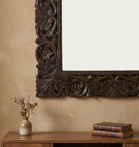 Hand-Carved Solid Wood Wall Mirror with Desert Brown Finish