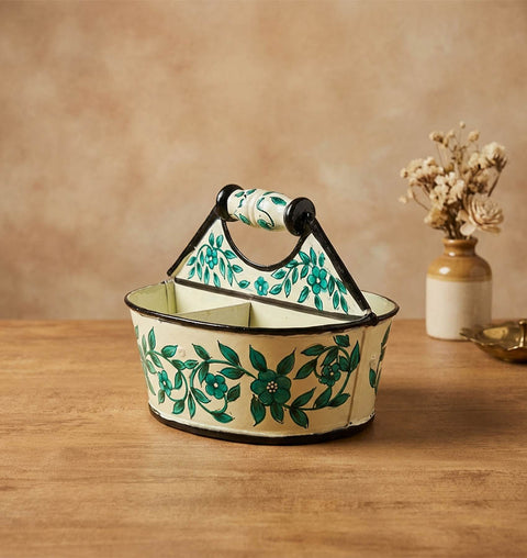 Hand-Painted Iron Cutlery Organiser with Floral Art (4 Compartments)