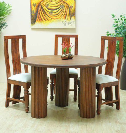 Round Mango Wood Dining Table with Cushioned Chairs