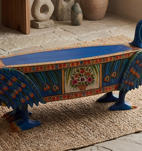 Hand Painted Blue Swan Bench with Crackle Finish