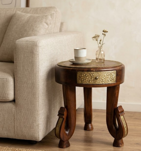 Mayura Brass Fitted Wooden Side Table