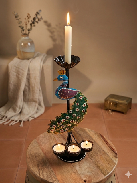 Handcrafted Peacock Iron Candle Stand with Hand-Painted Detailing