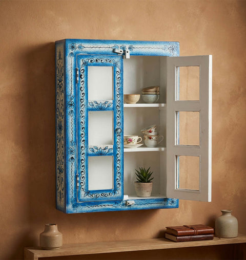 Handcrafted Blue Crackle Painted Wooden Wall Cabinet