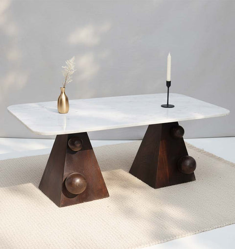 Handcrafted Marble Coffee Table with Sculpted Pyramid Wood Legs