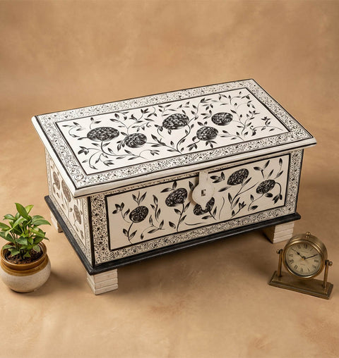 Handcrafted Painted Wooden Storage Trunk with Folk Art