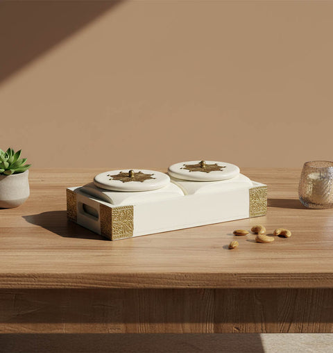Handcrafted Wooden Brass Dry Fruit Box with 2 Steel Bowl Compartments