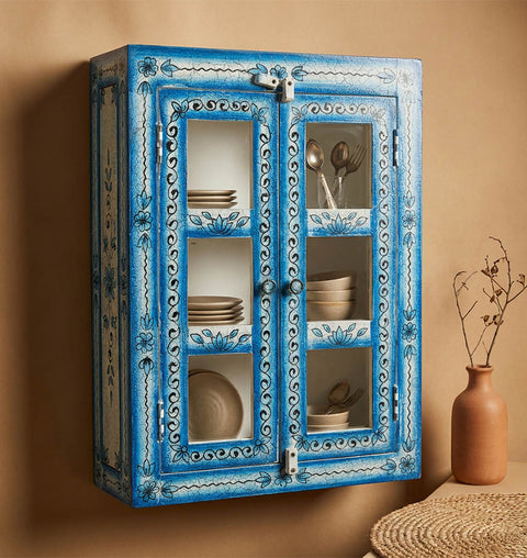 Handcrafted Blue Crackle Painted Wooden Wall Cabinet