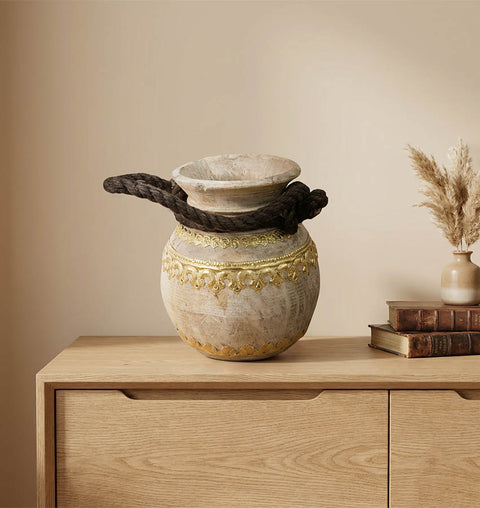 Handcrafted Wooden Pot with Brass Detailing