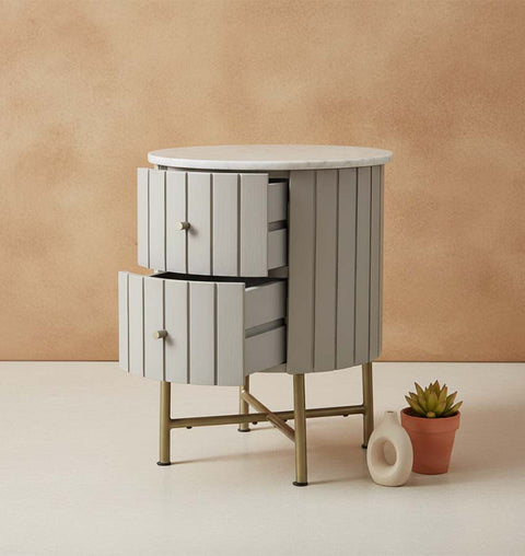 Round Marble Top Side Table with Iron Legs & Dual Drawers