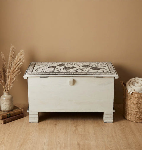 Handcrafted Painted Wooden Storage Trunk with Folk Art