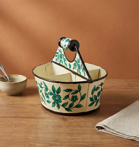 Hand-Painted Iron Cutlery Organiser with Floral Art (4 Compartments)