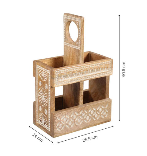 Handcrafted Wooden Carved Bottle Holder with 2 Compartments