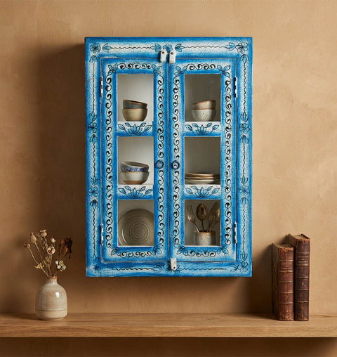 Handcrafted Blue Crackle Painted Wooden Wall Cabinet