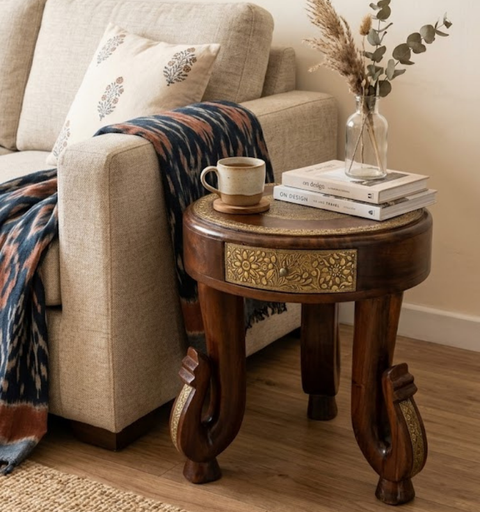 Mayura Brass Fitted Wooden Side Table