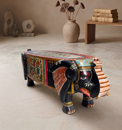 Hand Painted Crackle Finish Wooden Elephant Bench