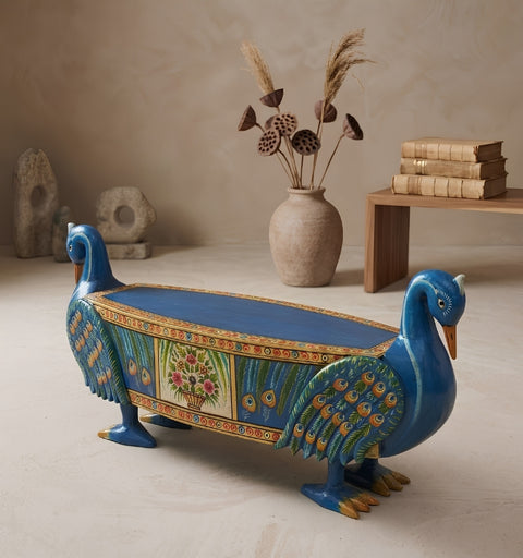 Hand Painted Blue Swan Bench with Crackle Finish