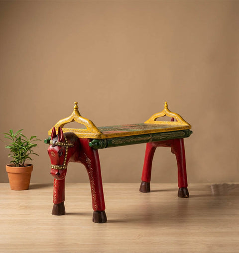 Handcrafted Double-Headed Horse Bench with Brass Detailing