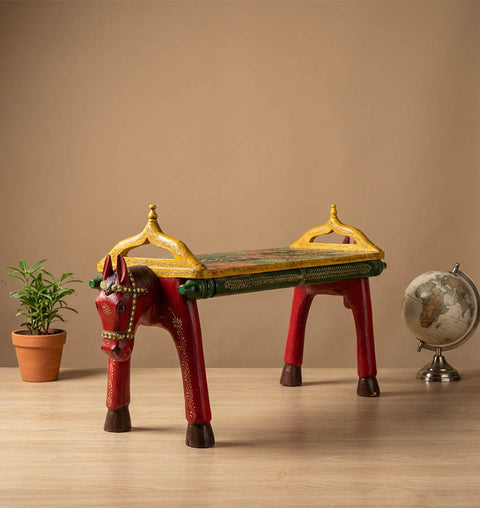 Handcrafted Double-Headed Horse Bench with Brass Detailing