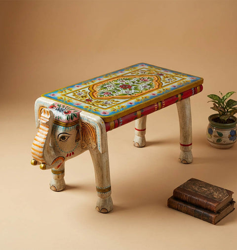 Handcrafted Elephant Bench in Solid Mango Wood with Crackle Finish