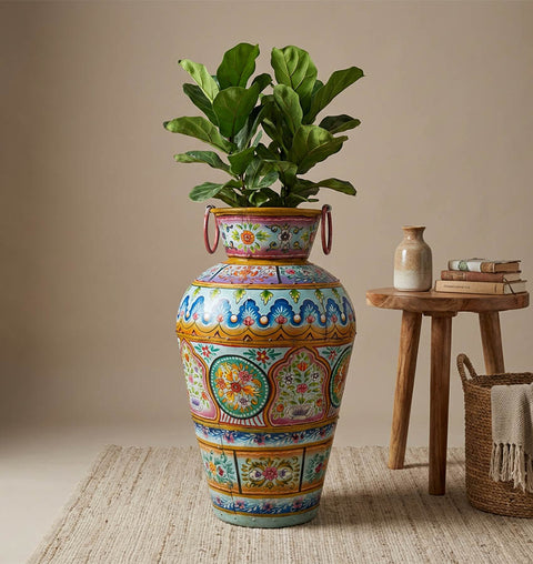 Handpainted Iron Folk Art Planter with Traditional Indian Motifs