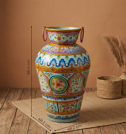 Handpainted Iron Folk Art Planter with Traditional Indian Motifs