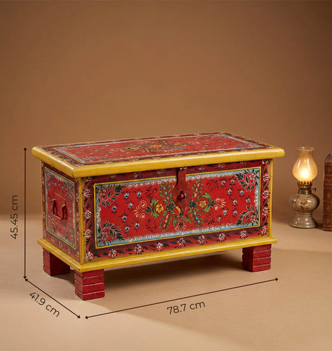 Handcrafted Painted Wooden Storage Trunk with Folk Art