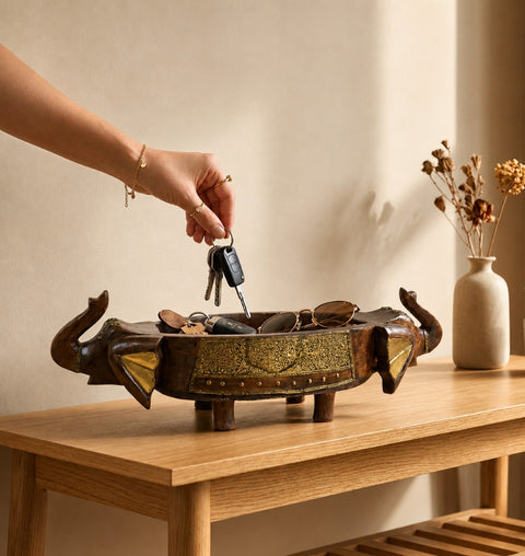 Double Headed Wooden & Brass Handcrafted Elephant Tray