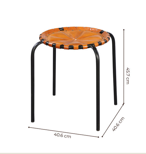 Round Leather Stool with Iron Legs