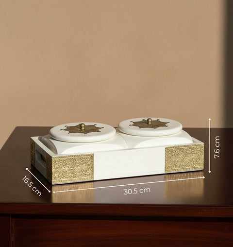 Handcrafted Wooden Brass Dry Fruit Box with 2 Steel Bowl Compartments