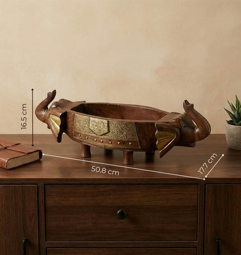 Double Headed Wooden & Brass Handcrafted Elephant Tray
