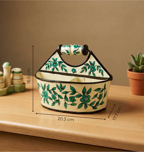 Hand-Painted Iron Cutlery Organiser with Floral Art (4 Compartments)