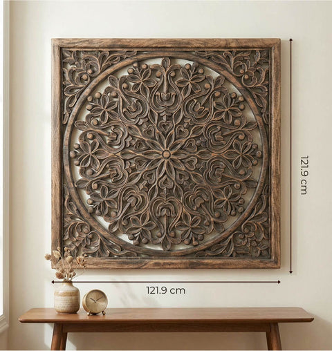 Handcrafted Solid Wood Floral Mandala Wall Carved Panel