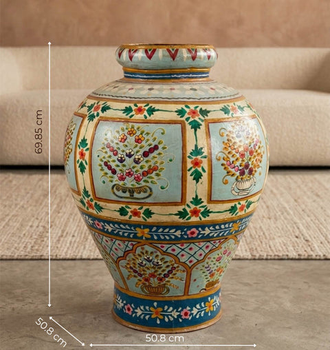 Handpainted Iron Folk Art Planter with Traditional Indian Motifs