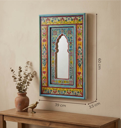 Hand Painted Solid Wood Wall Mirror with Traditional Floral Art
