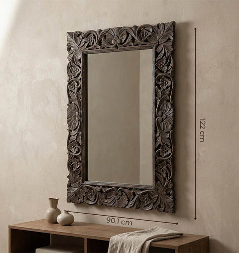 Hand-Carved Solid Wood Wall Mirror with Desert Brown Finish