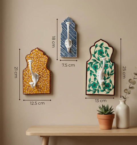 Hand-Painted Wooden Wall Hook Set of 3 with Folk Art Design