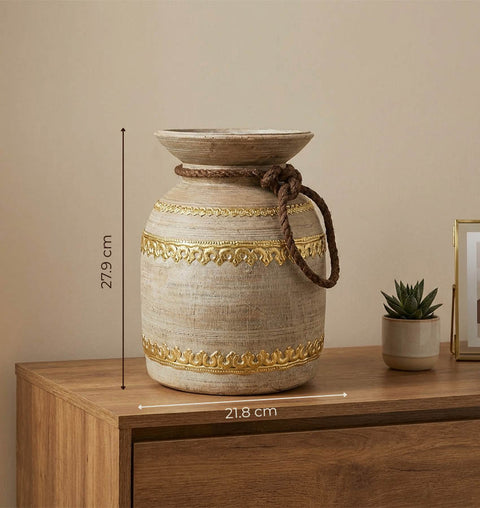 Handcrafted Wooden Pot with Brass Detailing