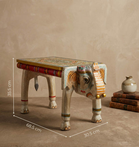 Handcrafted Elephant Bench in Solid Mango Wood with Crackle Finish