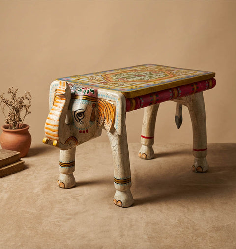 Handcrafted Elephant Bench in Solid Mango Wood with Crackle Finish