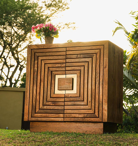 Handcrafted Wooden 2 Door Cabinet with Layered Square Pattern
